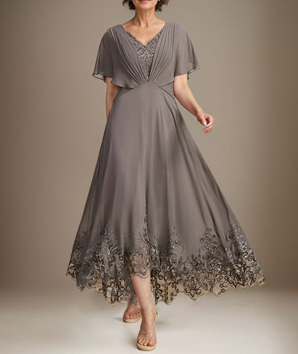 A-line V-Neck Asymmetrical Lace Chiffon Mother of the Bride Dress With Pleated
