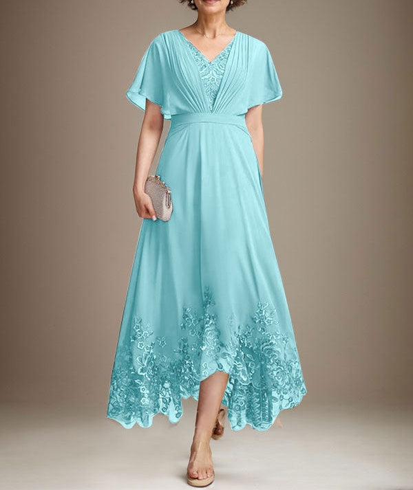 A-line V-Neck Asymmetrical Lace Chiffon Mother of the Bride Dress With Pleated