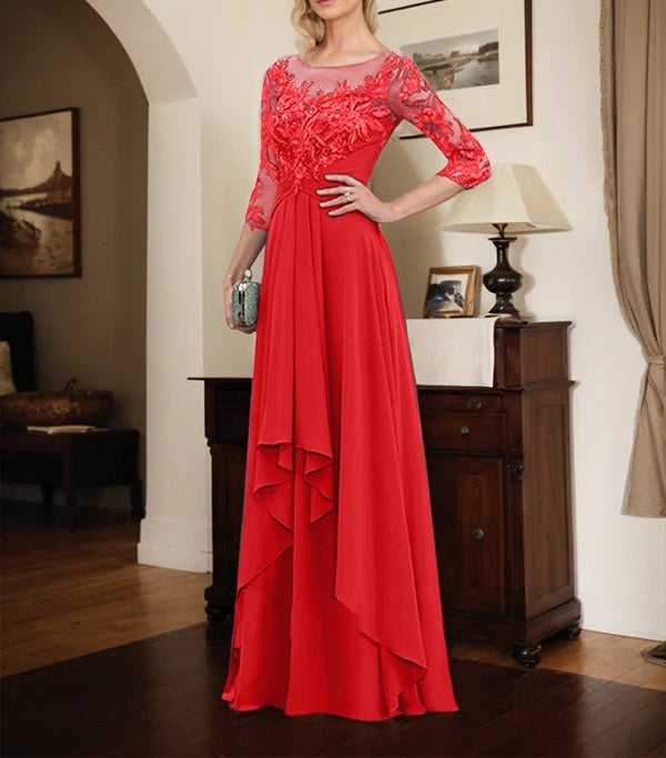 A-line Scoop Illusion Floor-Length Lace Chiffon Mother of the Bride Dress With Cascading Ruffles