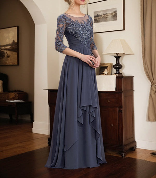 A-line Scoop Illusion Floor-Length Lace Chiffon Mother of the Bride Dress With Cascading Ruffles