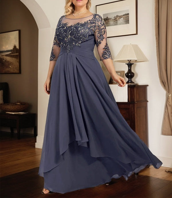 A-line Scoop Illusion Floor-Length Lace Chiffon Mother of the Bride Dress With Cascading Ruffles