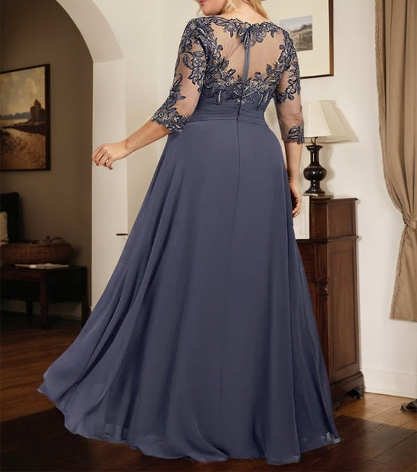 A-line Scoop Illusion Floor-Length Lace Chiffon Mother of the Bride Dress With Cascading Ruffles