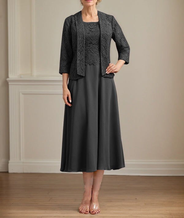 A-line Scoop Tea-Length Lace Chiffon Mother of the Bride Dress