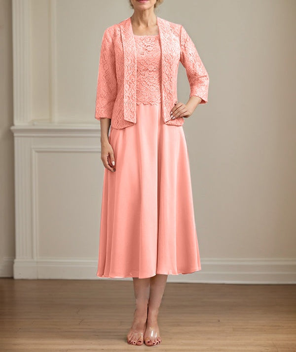 A-line Scoop Tea-Length Lace Chiffon Mother of the Bride Dress