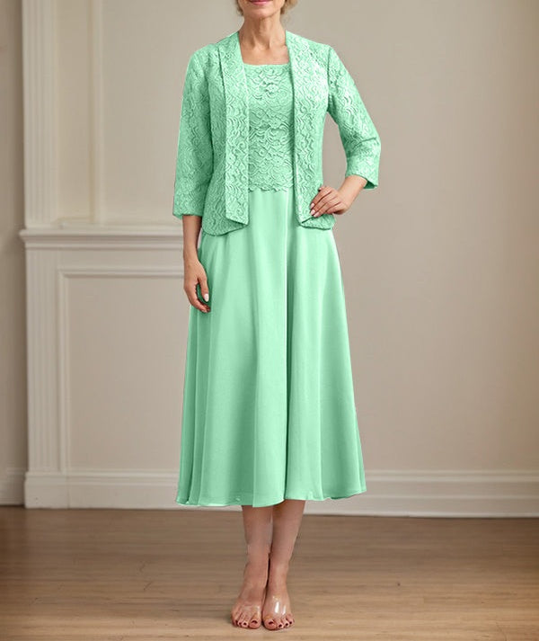 A-line Scoop Tea-Length Lace Chiffon Mother of the Bride Dress