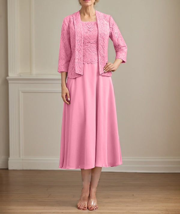 A-line Scoop Tea-Length Lace Chiffon Mother of the Bride Dress