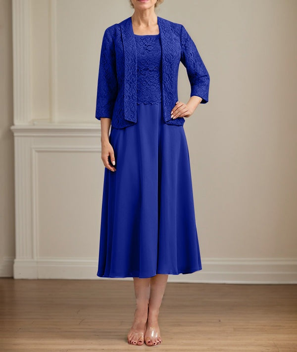 A-line Scoop Tea-Length Lace Chiffon Mother of the Bride Dress
