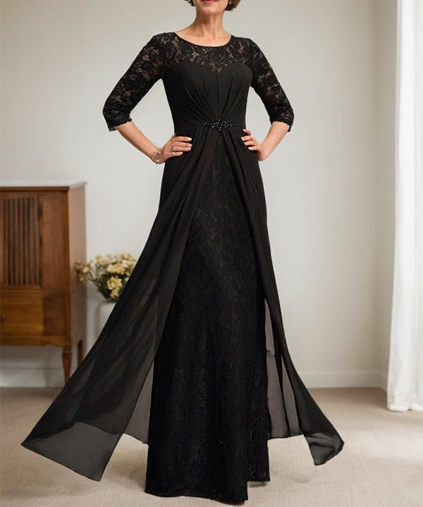 A-Line Scoop Illusion Floor-Length Lace Chiffon Mother Of the Bride Dress With Beading Ruffles