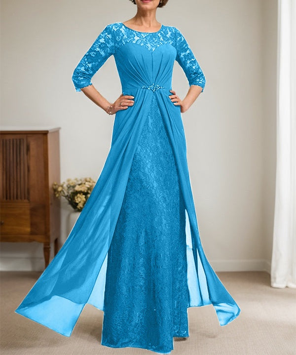 A-Line Scoop Illusion Floor-Length Lace Chiffon Mother Of the Bride Dress With Beading Ruffles