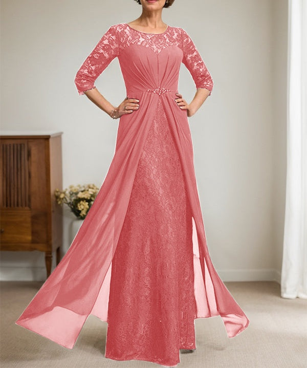 A-Line Scoop Illusion Floor-Length Lace Chiffon Mother Of the Bride Dress With Beading Ruffles