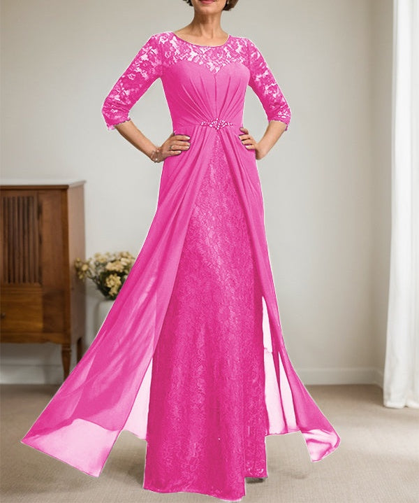 A-Line Scoop Illusion Floor-Length Lace Chiffon Mother Of the Bride Dress With Beading Ruffles