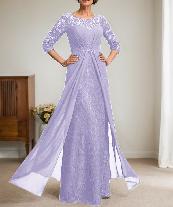 A-Line Scoop Illusion Floor-Length Lace Chiffon Mother Of the Bride Dress With Beading Ruffles
