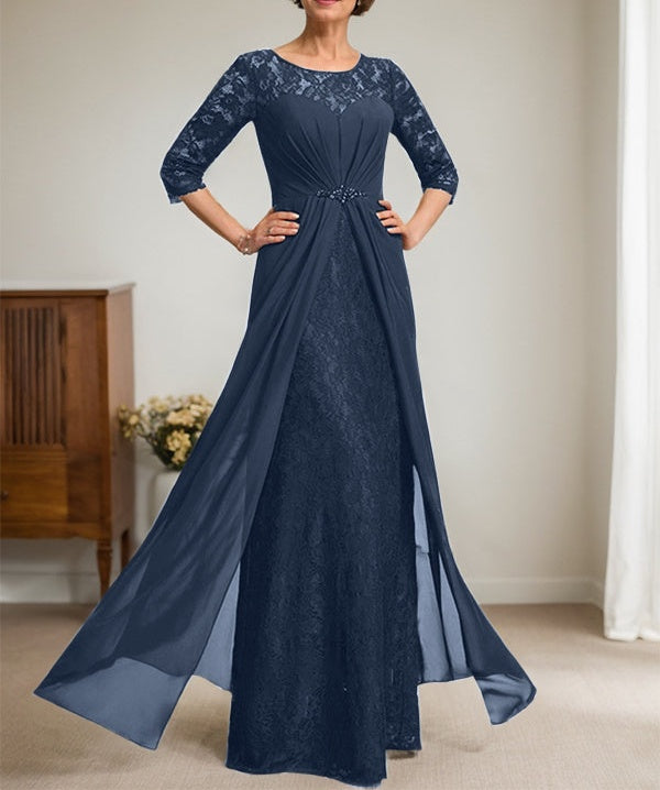 A-Line Scoop Illusion Floor-Length Lace Chiffon Mother Of the Bride Dress With Beading Ruffles