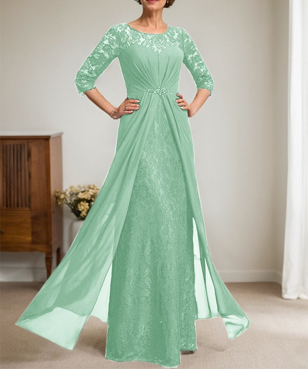 A-Line Scoop Illusion Floor-Length Lace Chiffon Mother Of the Bride Dress With Beading Ruffles