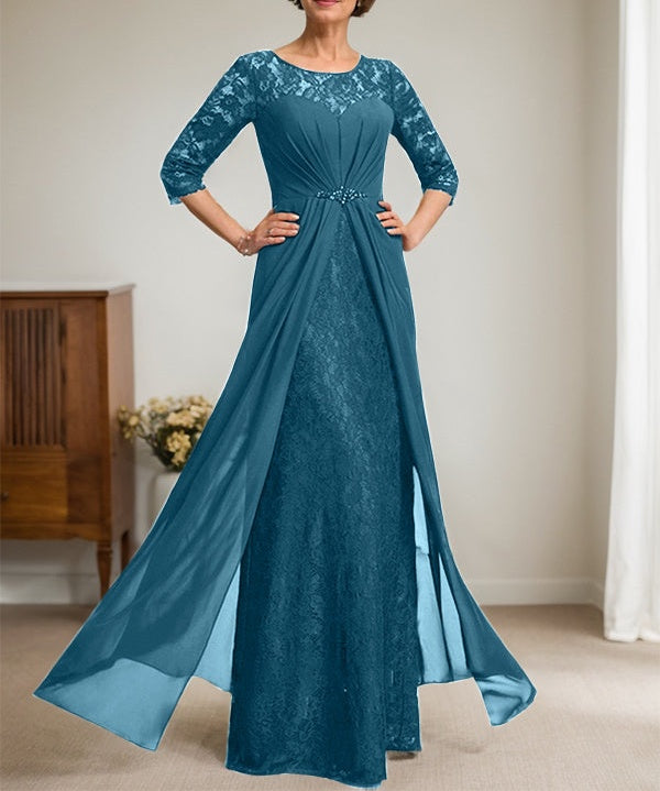 A-Line Scoop Illusion Floor-Length Lace Chiffon Mother Of the Bride Dress With Beading Ruffles