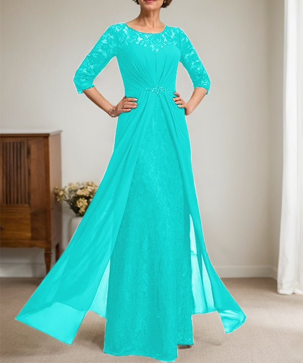 A-Line Scoop Illusion Floor-Length Lace Chiffon Mother Of the Bride Dress With Beading Ruffles