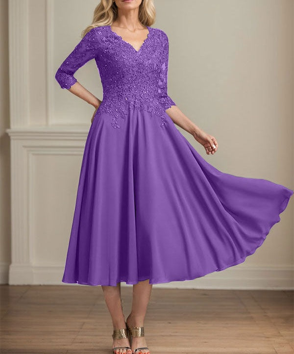 A-line V-Neck Tea-Length Chiffon Lace Mother of the Bride Dress With Beading Sequins