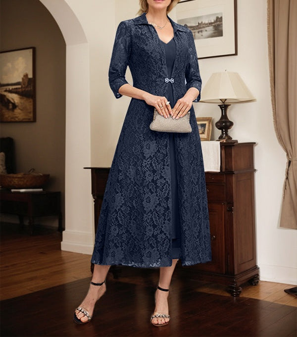 A-line V-Neck Tea-Length Chiffon Mother of the Bride Dress