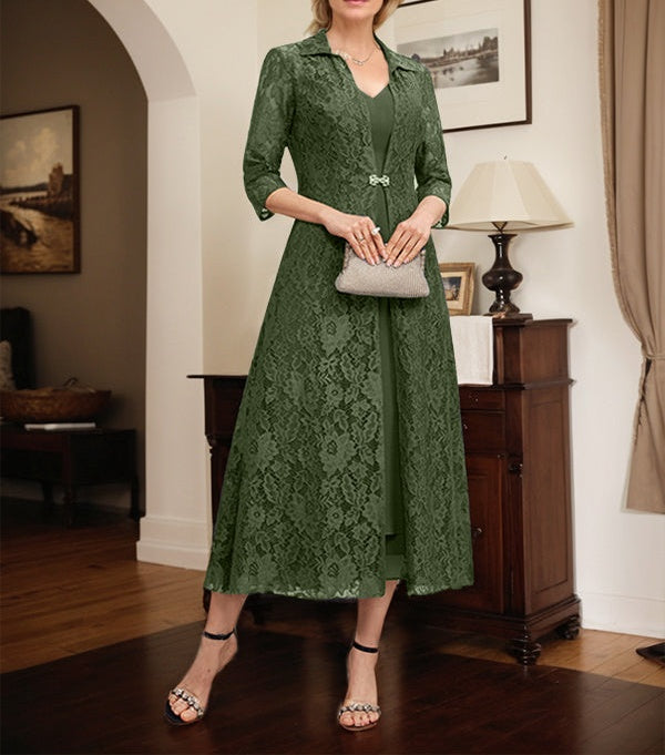 A-line V-Neck Tea-Length Chiffon Mother of the Bride Dress