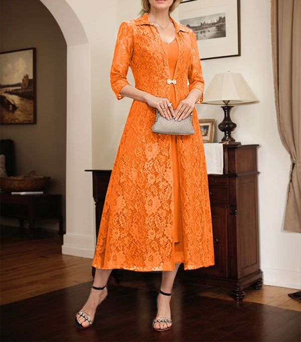 A-line V-Neck Tea-Length Chiffon Mother of the Bride Dress