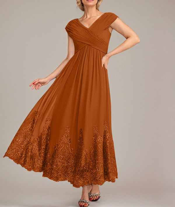 A-line V-Neck Ankle-Length Chiffon Mother of the Bride Dress With Applique Sequins