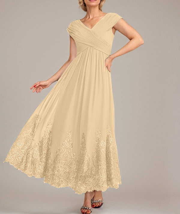 A-line V-Neck Ankle-Length Chiffon Mother of the Bride Dress With Applique Sequins