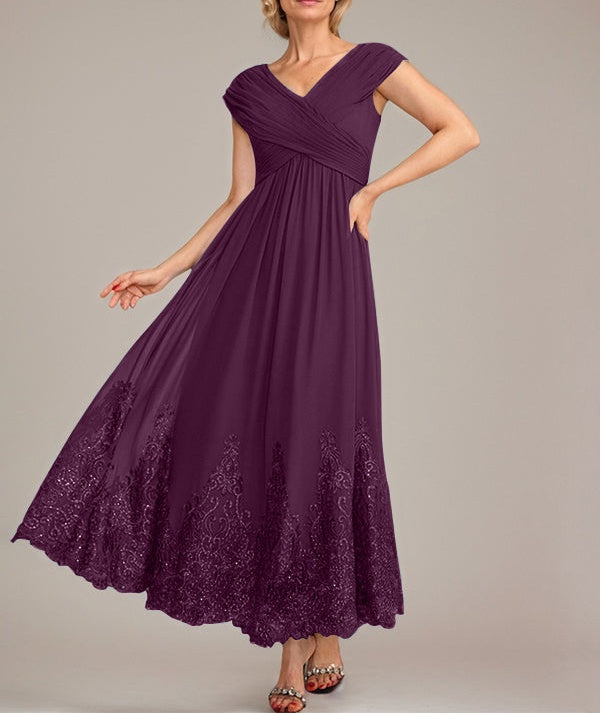 A-line V-Neck Ankle-Length Chiffon Mother of the Bride Dress With Applique Sequins