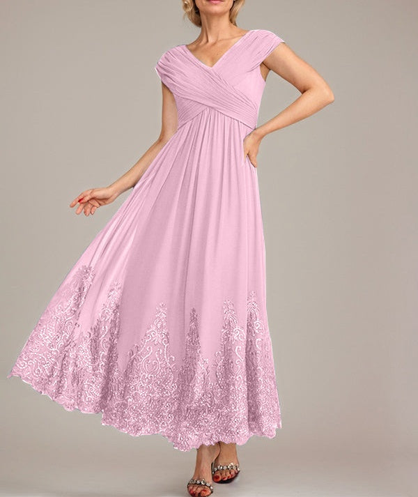 A-line V-Neck Ankle-Length Chiffon Mother of the Bride Dress With Applique Sequins