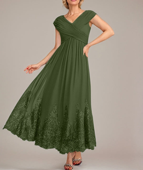 A-line V-Neck Ankle-Length Chiffon Mother of the Bride Dress With Applique Sequins