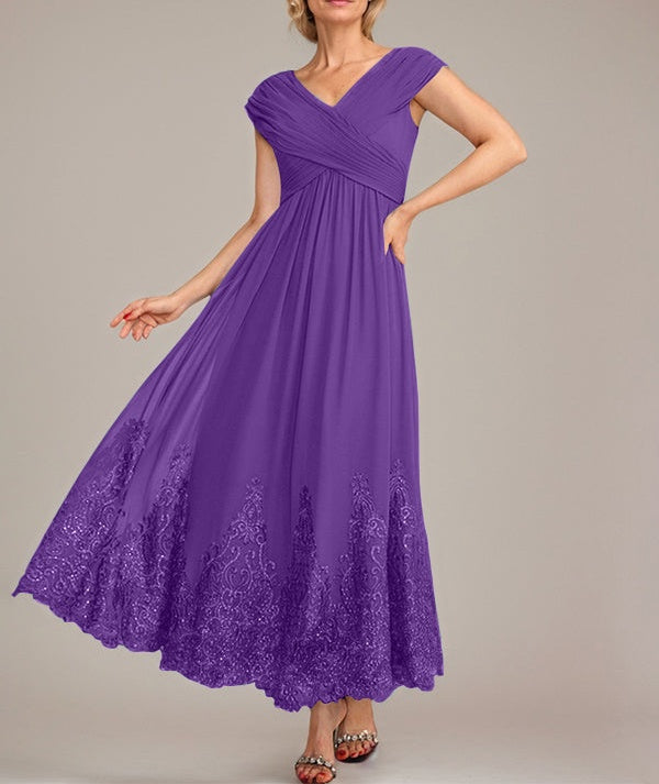 A-line V-Neck Ankle-Length Chiffon Mother of the Bride Dress With Applique Sequins