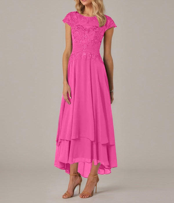 A-line Boat Neck Illusion Asymmetrical Chiffon Lace Mother of the Bride Dress With Applique Pleats