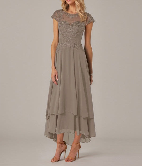 A-line Boat Neck Illusion Asymmetrical Chiffon Lace Mother of the Bride Dress With Applique Pleats