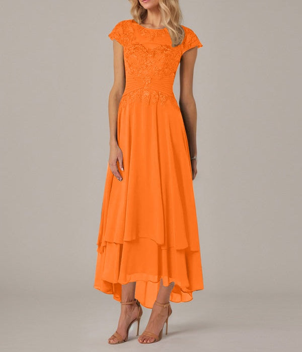A-line Boat Neck Illusion Asymmetrical Chiffon Lace Mother of the Bride Dress With Applique Pleats