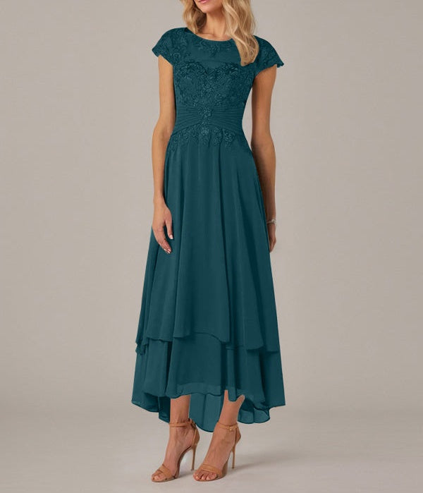A-line Boat Neck Illusion Asymmetrical Chiffon Lace Mother of the Bride Dress With Applique Pleats