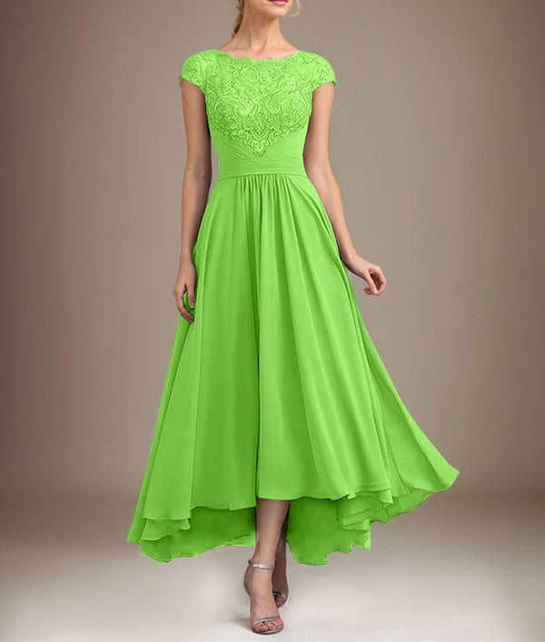 A-line Scoop Illusion Asymmetrical Lace Chiffon Mother of the Bride Dress With Pleated