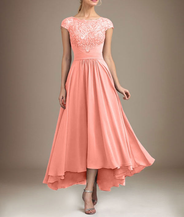 A-line Scoop Illusion Asymmetrical Lace Chiffon Mother of the Bride Dress With Pleated