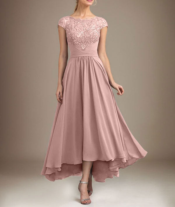 A-line Scoop Illusion Asymmetrical Lace Chiffon Mother of the Bride Dress With Pleated