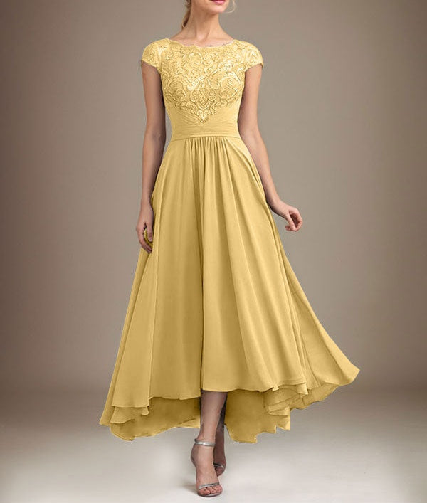 A-line Scoop Illusion Asymmetrical Lace Chiffon Mother of the Bride Dress With Pleated