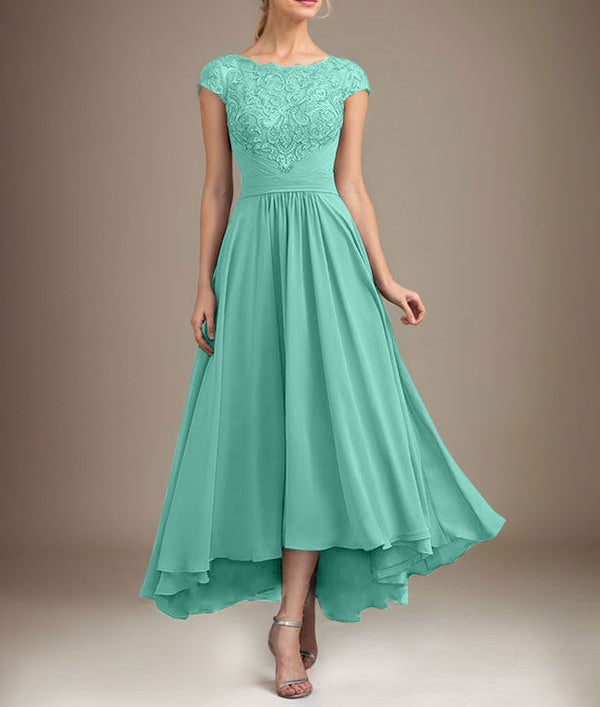 A-line Scoop Illusion Asymmetrical Lace Chiffon Mother of the Bride Dress With Pleated