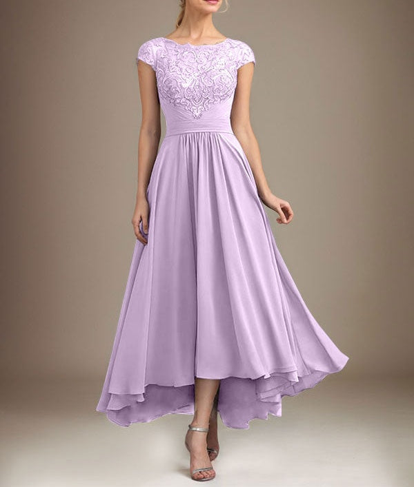 A-line Scoop Illusion Asymmetrical Lace Chiffon Mother of the Bride Dress With Pleated