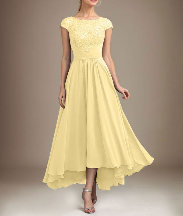 A-line Scoop Illusion Asymmetrical Lace Chiffon Mother of the Bride Dress With Pleated