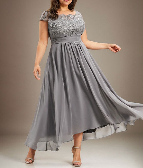 A-line Scoop Illusion Asymmetrical Lace Chiffon Mother of the Bride Dress With Pleated