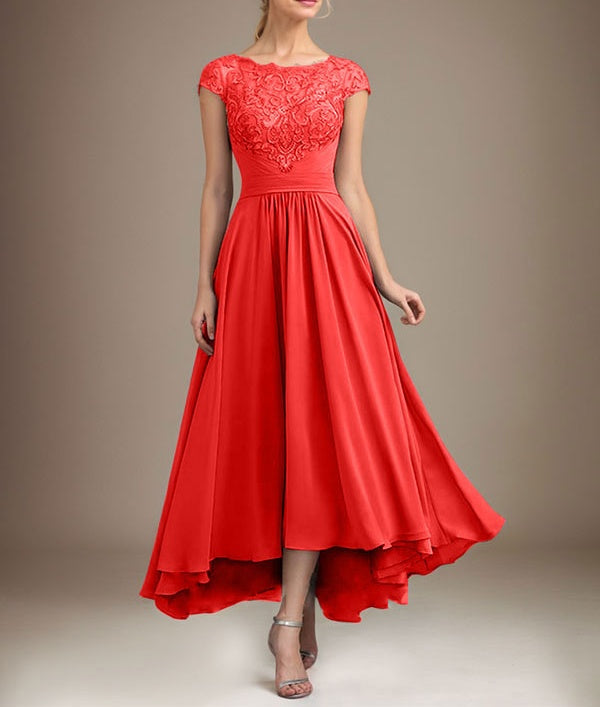 A-line Scoop Illusion Asymmetrical Lace Chiffon Mother of the Bride Dress With Pleated