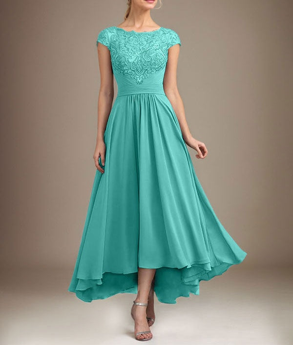 A-line Scoop Illusion Asymmetrical Lace Chiffon Mother of the Bride Dress With Pleated