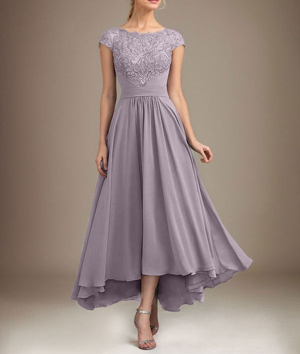 A-line Scoop Illusion Asymmetrical Lace Chiffon Mother of the Bride Dress With Pleated