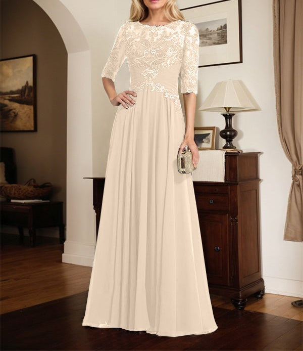 A-line Scoop Illusion Floor-Length Chiffon Lace Mother of the Bride Dress With Pleated Sequins
