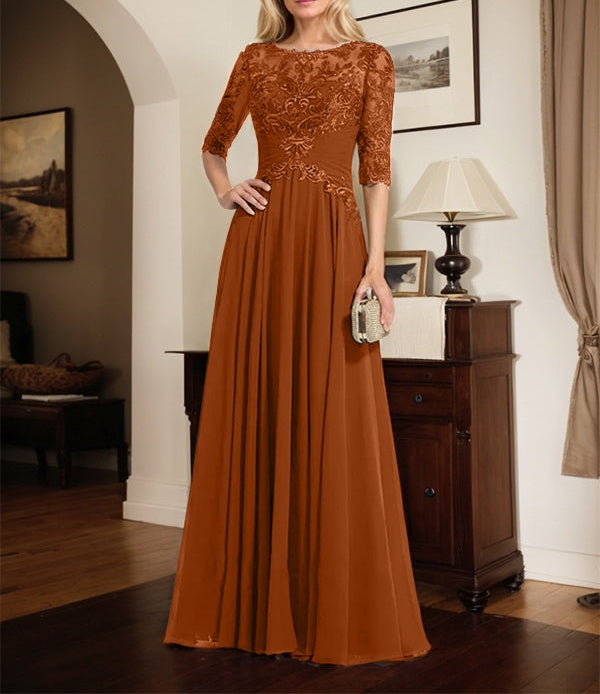 A-line Scoop Illusion Floor-Length Chiffon Lace Mother of the Bride Dress With Pleated Sequins