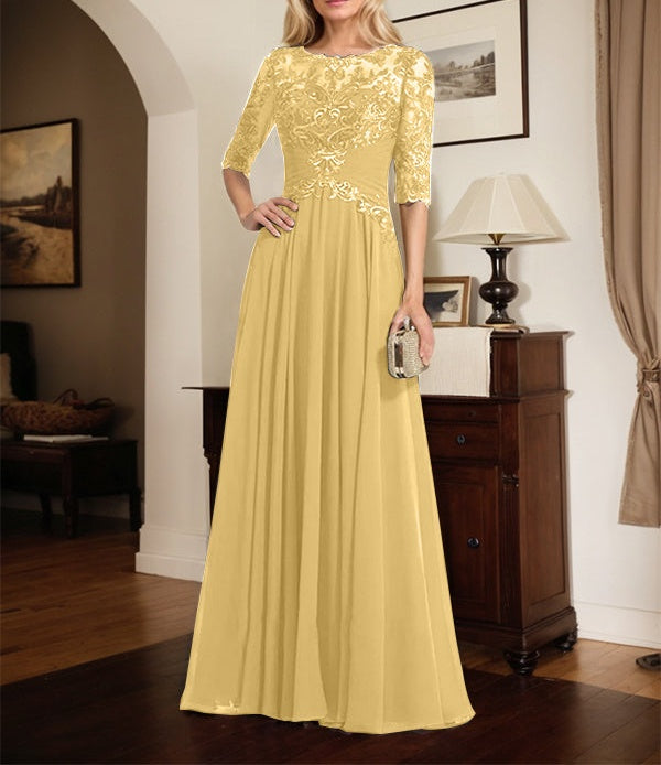 A-line Scoop Illusion Floor-Length Chiffon Lace Mother of the Bride Dress With Pleated Sequins