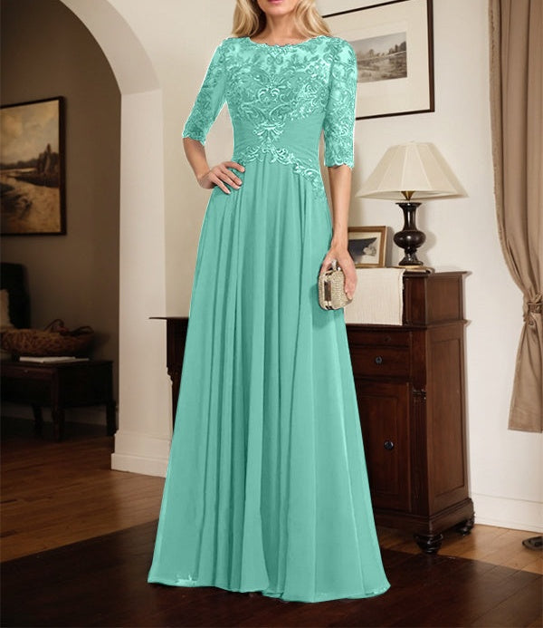 A-line Scoop Illusion Floor-Length Chiffon Lace Mother of the Bride Dress With Pleated Sequins