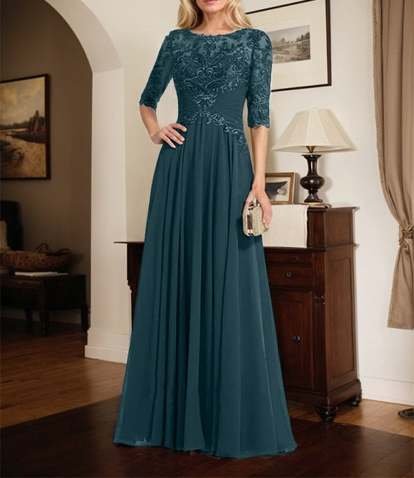 A-line Scoop Illusion Floor-Length Chiffon Lace Mother of the Bride Dress With Pleated Sequins